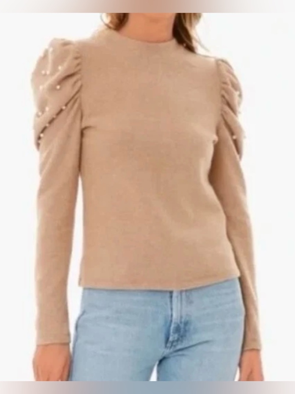 Pomander Place Tan with Pearl-Detail Puff Long Sleeve Blouse - Size S
